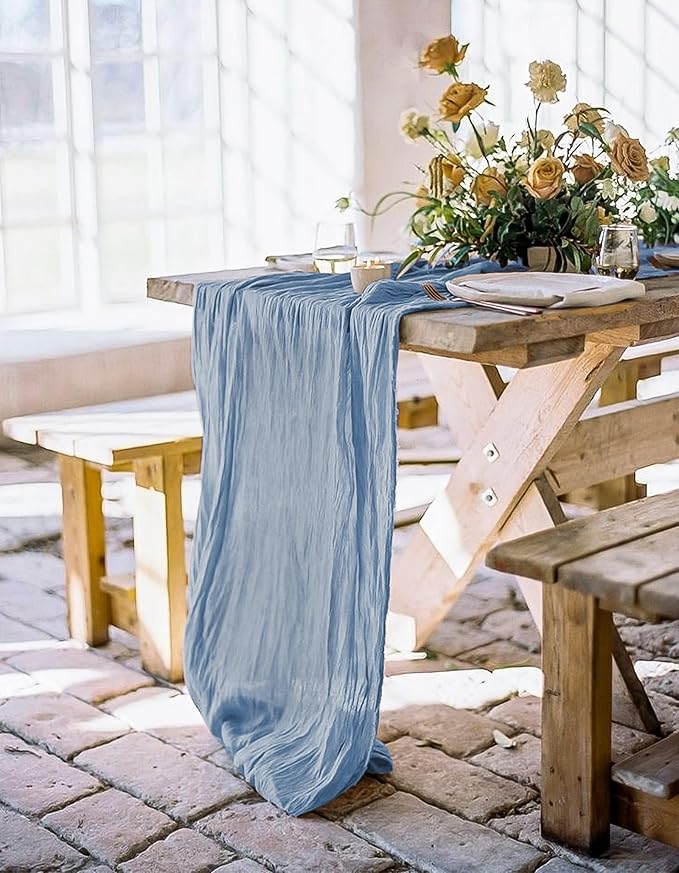 24 Pack Dusty Blue Table Runner, 10FT Cheesecloth Table Runner Long Romantic Semi Sheer Rustic Boho Gauze Table Runners for Wedding Bridal Shower Birthday Party Decorations(21.5×120 Inch)