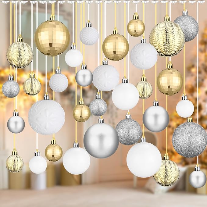 36 Pcs Christmas Balls Ornaments for Ceiling, 1.6'' 2.4'' 3.2'' Large Big Shatterproof Christmas Hanging Decorations Balls for Tree Xmas Holiday Party Indoor(Silver, White, Champagne)