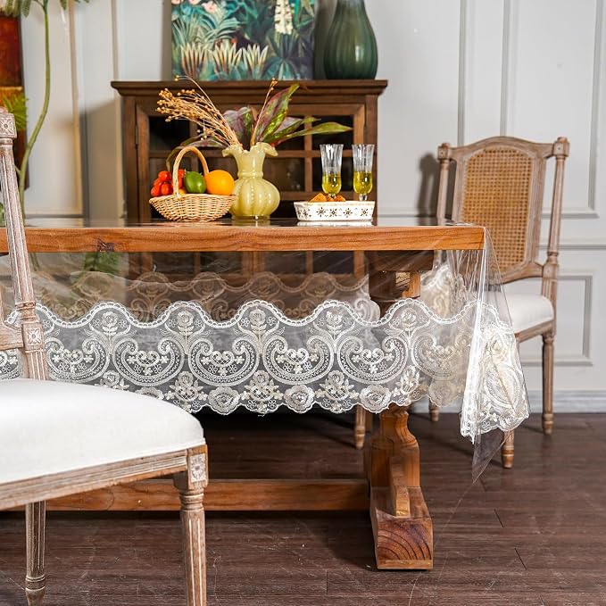 ARTABLE Vinyl PVC Rectangle Tablecloth Waterproof Clear Table Cover with Champagne Lace Macrame Border for Wedding Kitchen Home Outdoor Indoor Holidays Party Decor (Beige, 60 x 104 Inch)