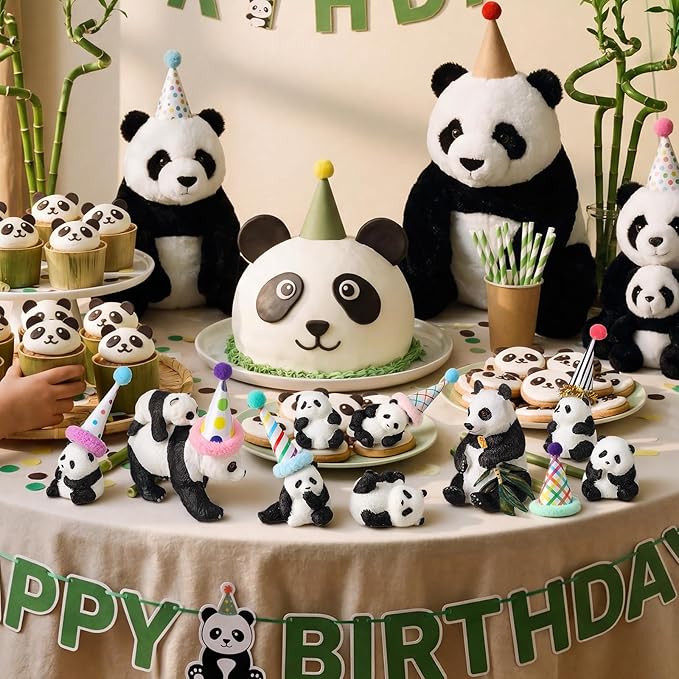 Colingmill 18 Pcs Panda Cake Toppers Birthday Party Decorations Mini Birthday Hat Animal Figure Model Cake Toppers with Mini Hat for Animals Themed Party