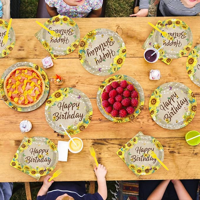 96 Pcs Sunflower Birthday Party Decorations Vintage Sunflower Plates and Napkins Disposable Yellow Sunflowers Tableware Set for Women Girls Spring Fall Birthday Wedding Party Supplies Serves 24