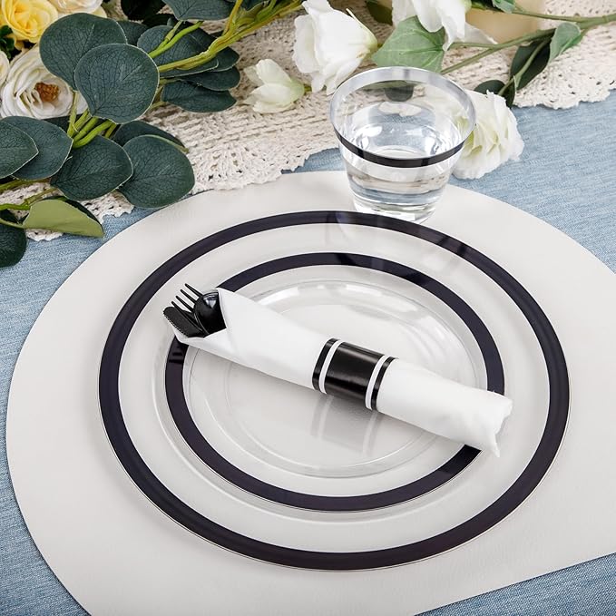 I00000 210 Pcs Clear and Black Plastic Plates, Disposable Dinnerware Set, Include 30 Dinner 30 Dessert Plates,30 Plastic Cups 9 OZ,30 Pre Rolled Napkins with Cutlery for Birthday, Wedding & Party
