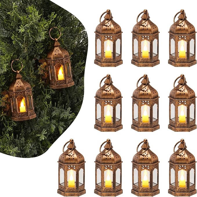 VEVOR 12 Pcs Decorative Candle Lantern, LED Electric Flameless Candle, Plastic LED Holder with Glass, Wall Hanging Indoor Porch Lanterns for Wedding Table Party Farmhouse Indoor Decor, Bronze