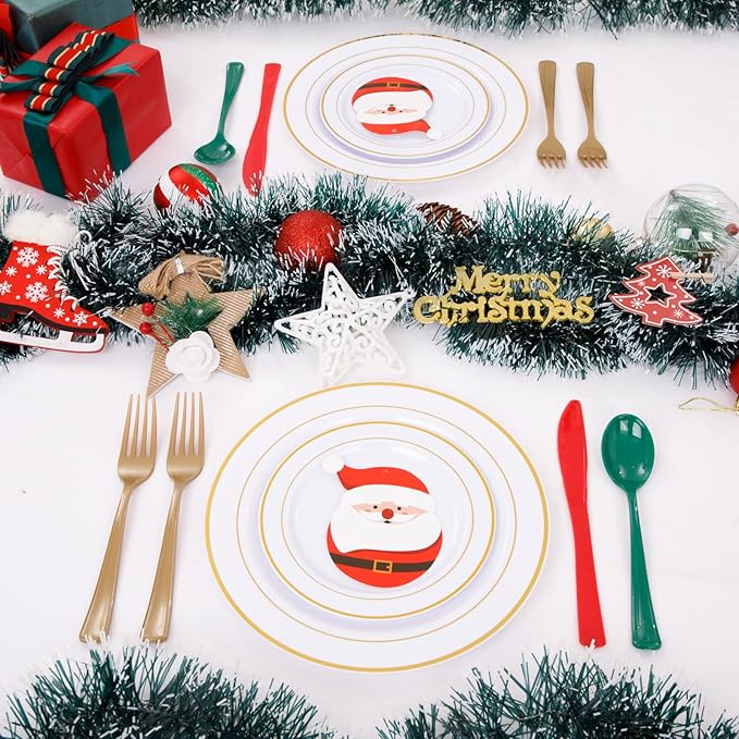 WDF 180 Pieces Plastic Silverware - Disposable Cutlery Set Incluede 60 Gold Forks, 60 Red Knives and 60 Green Spoons - Heavy Duty Plastic Flatware - Disposable Utensils for Wedding Party Birthday