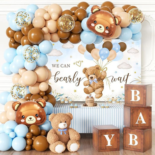 Blue Bear Baby Shower Decorations for Boy, 124pcs Bear Party Decorations with Blue and Brown Balloon Arch Kit, Backdrop, Wood Grain Baby Boxes for Boy Baby Shower Decor