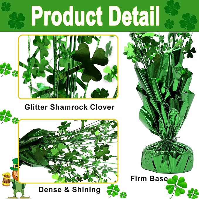 FUBININA 6 PCS St Patrick's Day Decoration Glitter Shamrock Metallic Foil Spray Centerpieces Lucky Clover Green Tabletop Decor for Irish St Patty's Day Birthday Wedding Home Party Supplies