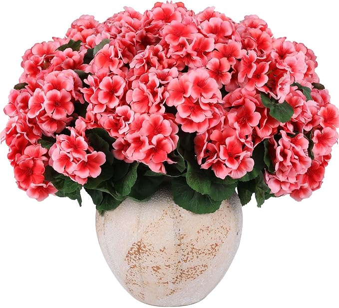 Hananona 12 Pcs Artificial Geranium Flowers for Outdoors Geranium Silk Flowers Outdoor UV Resistant Garden Plants Faux Flowers for Home Kitchen Table Centerpieces Decor (12, Peach)