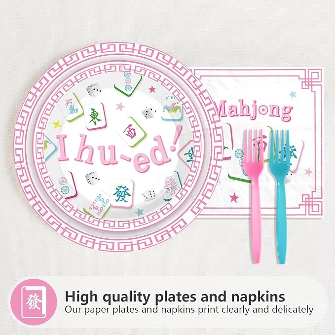 96Pcs Mahjong Party Supplies Mahjong Chinese Game Plates and Napkins Pastel Pink Green Tableware Set for Special Events Mah-Jong Game Night Girls Bachelorette Bridal Shower Birthday Supplies Serves 24