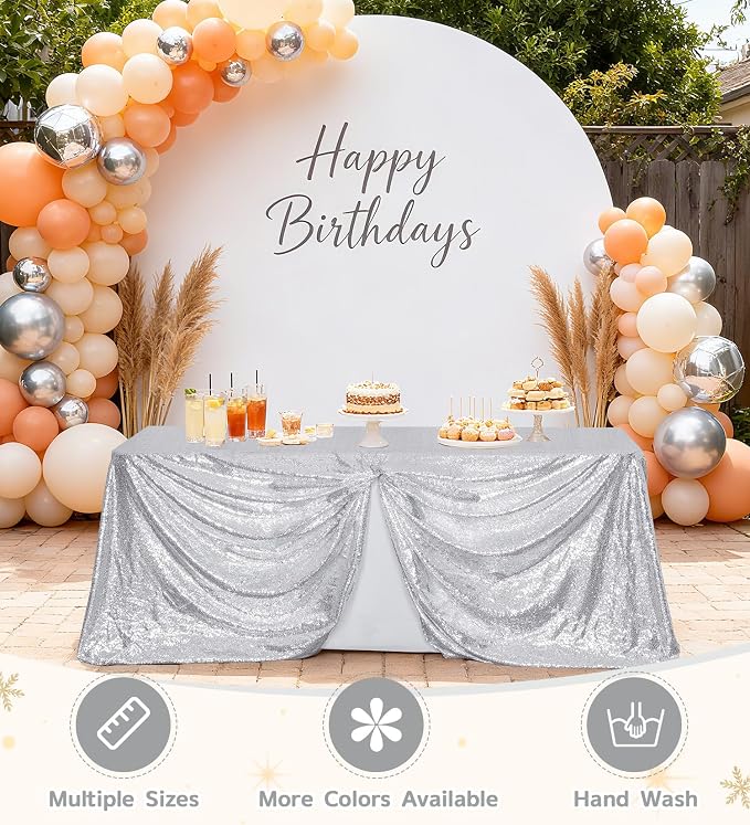 Juya Delight 60" x 102" Silver Sequin Tablecloth Rectangle Sparkly Tablecloth for Wedding Birthday Party Festival Ceremony