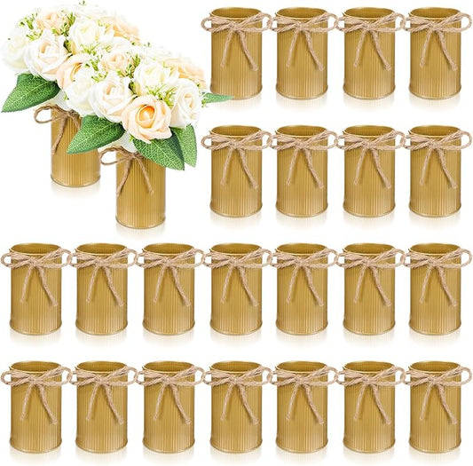 Rustic Vase for Table Centerpieces 4.33 Inch Small Petite Flower Vase with Twine Bow Vintage Farmhouse Decor for Wedding Reception Dining, Home Galvanized Metal Buckets(Gold,24 Pcs)