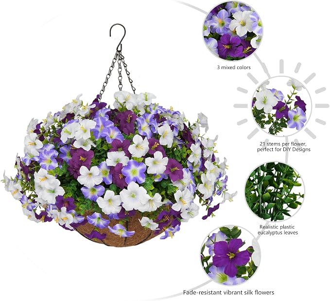 2 Set Artificial Hanging Flowers with Basket for Outdoor Decor, 24 Pcs Silk Petunias Fake Plants for Porch Garden Patio Balcony Yard Home Decoration