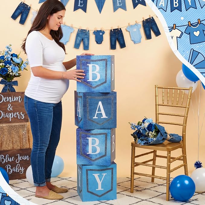 Qunclay 4 Set Blue Jean Baby Shower Decorations Party Boxes with Letters Stackable for Denim Baby Shower Decorations Gender Reveal Decoration Photo Prop Cowboy Country Nursery Decor