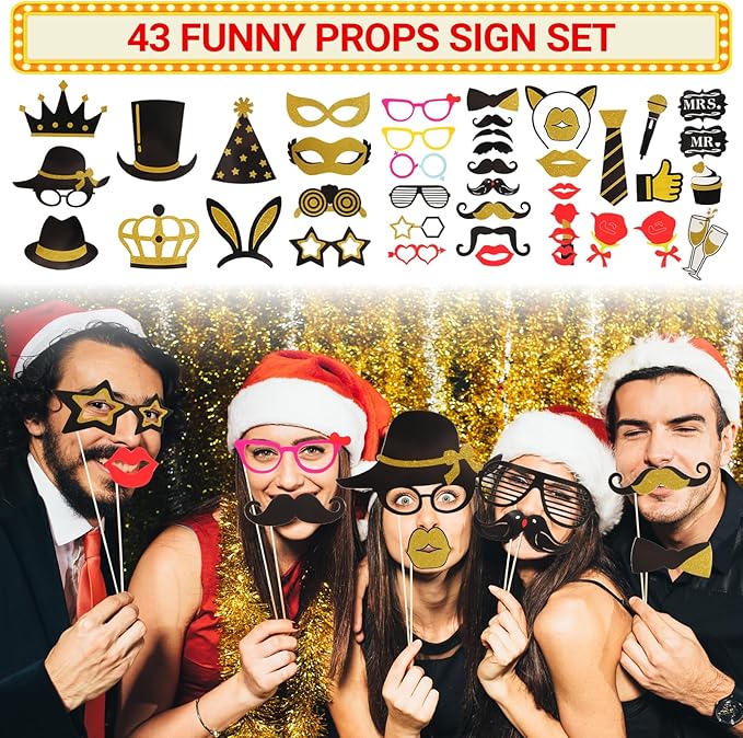 Bulk Gold Party Photo Booth Props Set for Adult, Funny Golden Photo Booth Glasses Hats Wig Props, Fun Party Pack Photo Booth Props Kit for New Year Party, Graduation, Birthday, Wedding, Bachelorette