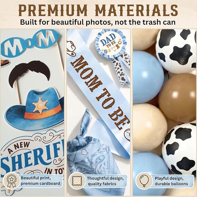 Premium Cowboy Baby Shower Decorations for Boy, A Little Cowboy is on the Way Decorations, Western Baby Shower Decor with Backdrop, Balloons, Banner, Table Decor, Sash, Photo Props, and More