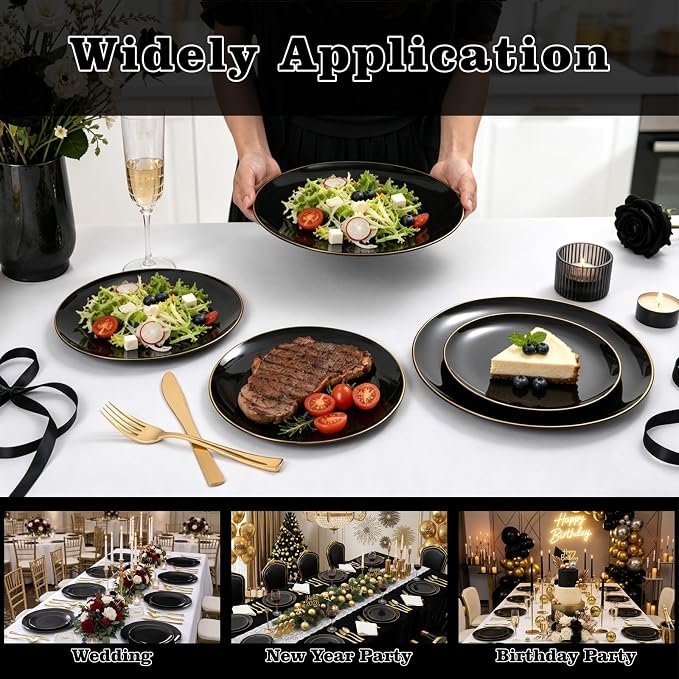 YOUBET 125PCS Black and Gold Plastic Plates - Black Disposable Plates With Gold Rim - Includes 25 Dinner Plates, 25 Dessert Plates, 75 Gold Silverware for Wedding Birthday Party