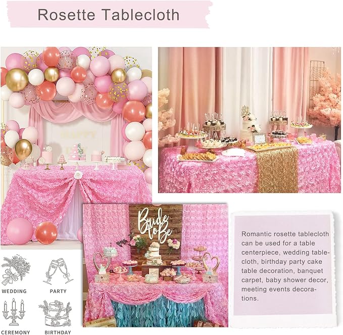 Fanqisi Baby Shower Tablecloth 50x102 Inches Pink Tablecloth Rectangle Satin Overlay Rosette Tablecloth 3D Floral for Wedding Party Event