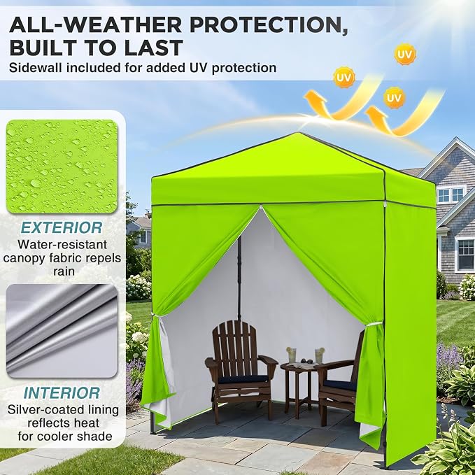 EAGLE PEAK 6x4 Instant Pop Up Canopy Tent with 4 Side Wall Panels, Straight Leg Sun Shelter, Portable Canopy with Carry Bag for Camping, Beach & Sports, Neon Green