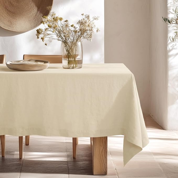 Linen World Linen Tablecloth - 100% French Linen Table Cloth 90" x 90" Inch,Washable Square Tablecloth for Dining,Outdoor,Weddings and Restaurants,Decorative Thanksgiving Christmas,Sand Beige