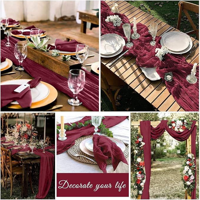 20 Pack Cheesecloth Table Runner 17 x 108 inch Long Boho Gauze Table Runners Semi Sheer Table Runner for Wedding Decor, Baby Shower, Birthday Party, Banquet (Burgundy)