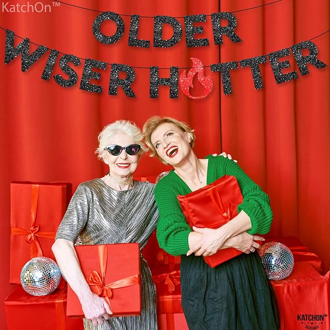 KatchOn Glitter Older Wiser Hotter Birthday Decorations - No DIY, 10 Feet | Older Wiser Hotter Banner for Birthday Decorations | Happy Birthday Banner for men, Women | Funny Bday Decorations