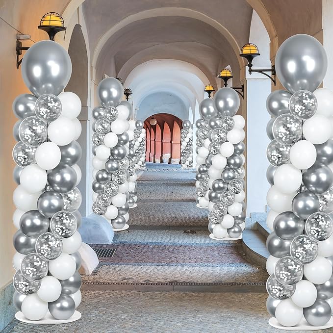 2 Sets Silver and White Balloon Column Stand Kit with 100 Balloons Silver Balloon Tower Stand with Bases for Floor Confetti Balloons Column Kit for Wedding Graduation Birthday Disco Prom Party Decor