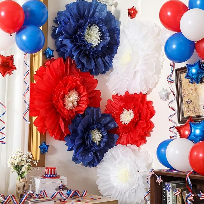 Giegxin 6 Pcs 31.5" 24" 4th of July Giant Crepe Paper Flowers 250th Red White Blue Paper Flowers America Patriotic Decorations USA Tissue Floral for Wall Independence Day Birthday Party Decor