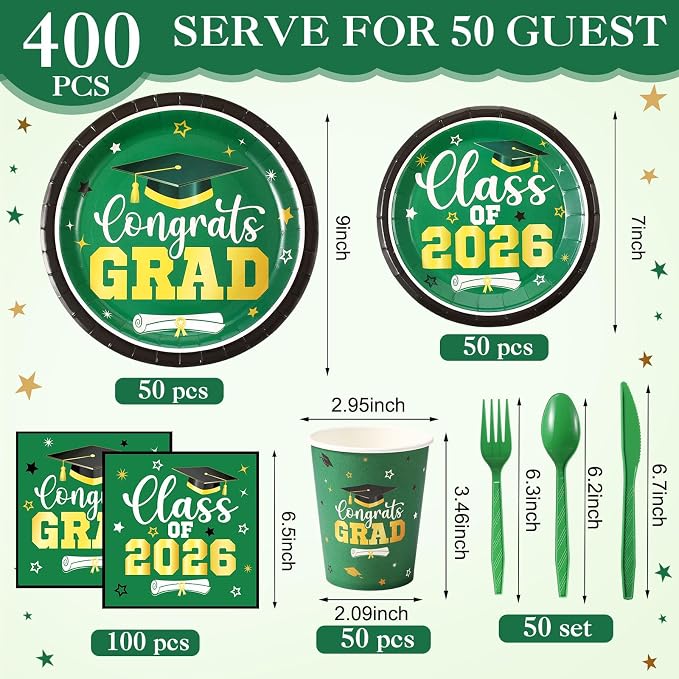 Funnymoom 400 Pcs Graduation Party Supplies Class of 2026 Graduation Paper Plate Napkin Cup Cutlery Congrats Grad Disposable Tableware Set for Grad Party Decorations, Serve 50(Green)