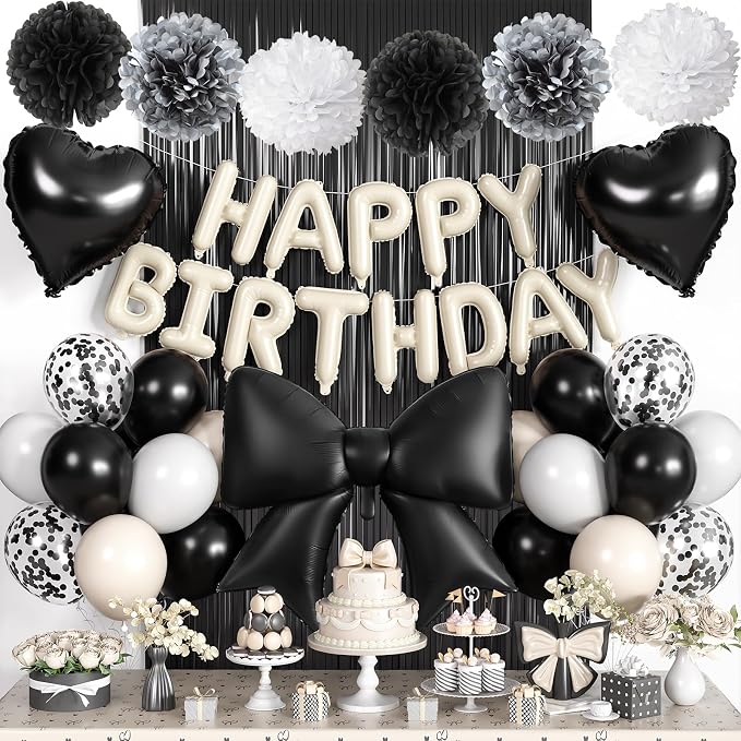 Black Bow Birthday Decorations, Sand White Happy Birthday Balloon Banner with Bow and Heart Foil Balloons Fringe Curtain Tissue Paper Pompoms Garland Party Supplies for Women Girls Boys