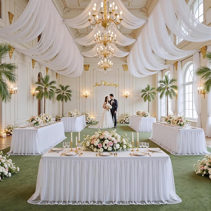 familus White Table Cloths 8 Foot Rectangle 6 Pack Stretch Ruffle Tulle Tablecloth Spandex Fitted Table Cover for 8 Foot Tulle Table Skirts for Party Wedding Table Cloths, Banquets