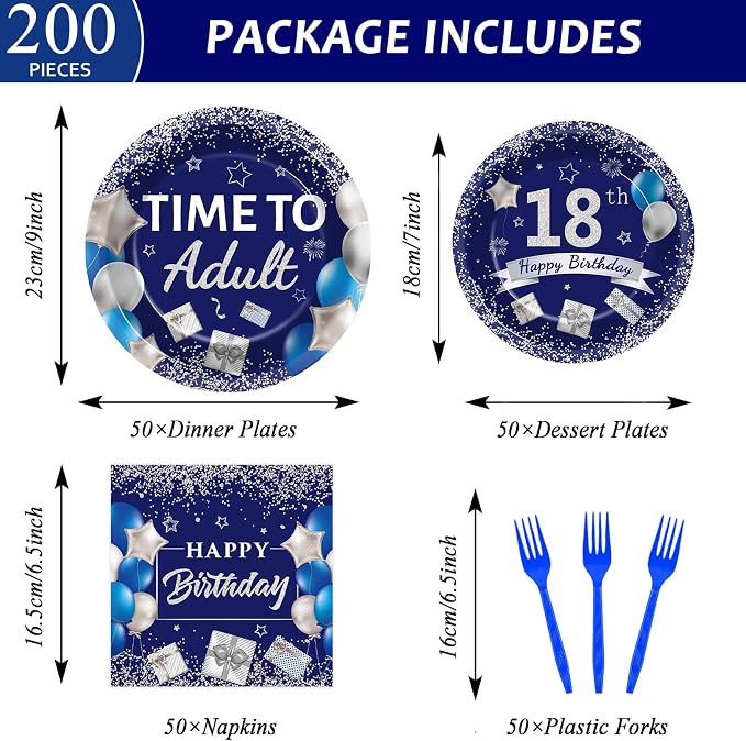 50 Guests 18th Birthday Party Supplies Decoration 18 Years Old Birthday Plates and Napkins Forks Time To Adult Tableware Blue Silver Happy 18th Birthday Party Paper Plates for Boys Girls Party 200PCS