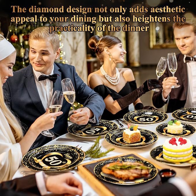 Pickmesh 400 Pcs 50th Wedding Anniversary Party Supplies - Black and Gold Disposable Paper Plates, Napkins and Cups - Tableware Decorations for Men and Women