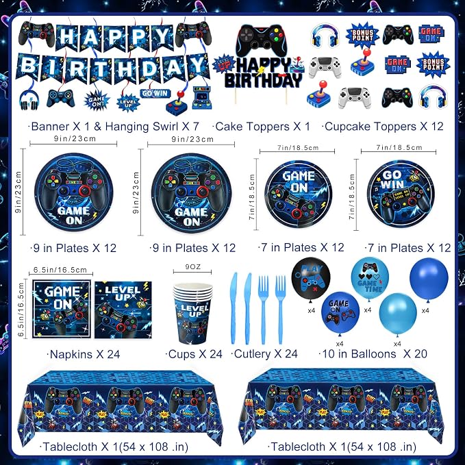 Video Game Birthday Decorations Includes Plates, Napkins, Cups, Cutlery, Cake & Cupcake Toppers, Banner, Hanging Swirls, Tablecloths, Balloons for Boys Gamer Birthday Party Decorations, Serves 24