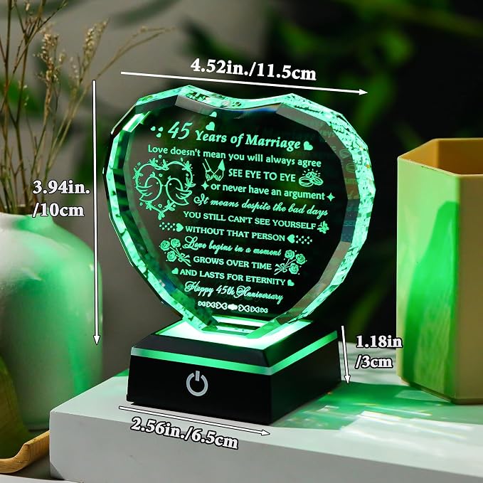 Arikyrist 45th Wedding Anniversary Crystal Heart Gifts for Couple, Laser Engraved 45 Year Anniversary Crystal Gifts for Wife Husband Parents, Romantic 45 Years of Marriage Gift for Him Her Friends