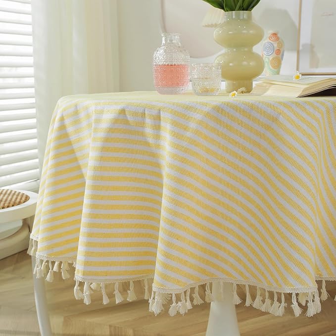 meioro Striped Tablecloth Round Tablecloths Cotton Blend Table Cloth Washable Tabletop Decorative Fabric Table Cover for Kitchen Dinning (Yellow, Round 47 Inch)