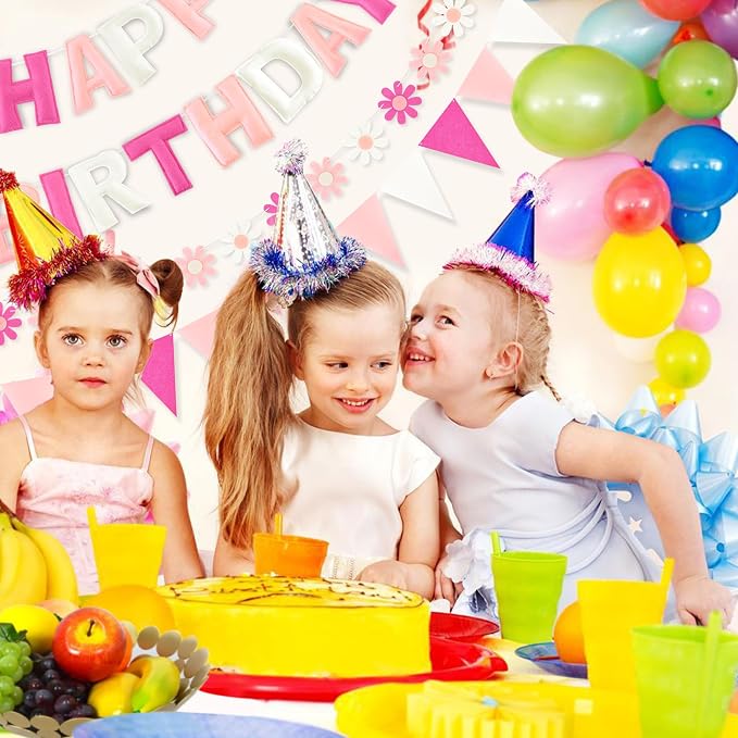 CANREVEL Pre-Strung 3D Happy Birthday Banner, 3 PCS Happy Birthday Felt Garland, Pom Pom Garland, Triangle Fabric Garland Bunting, Reusable Birthday Decorations for Women Men Girls Boys, Pink Flower