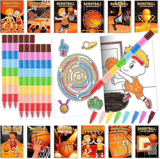 BenLouis 24 Basketball Mini Coloring Books Kids with 24 Stacking Crayons Basketball Party Favors Activity Books Bulk for Kids Sports Goodie Bag Gift Stuffer Classroom Reward