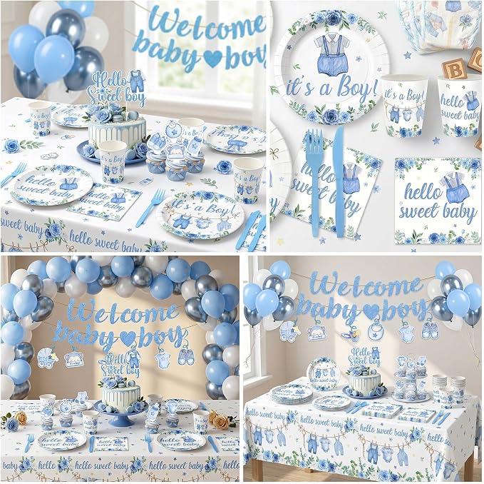 202PCS Blue Baby Boy Shower Decorations Tableware Set, 24 Serves Disposable Plates Napkins Cups Set with Banner Plates Napkins Balloons Tableware Cake Topper for Baby Boy Baby Shower Decorations