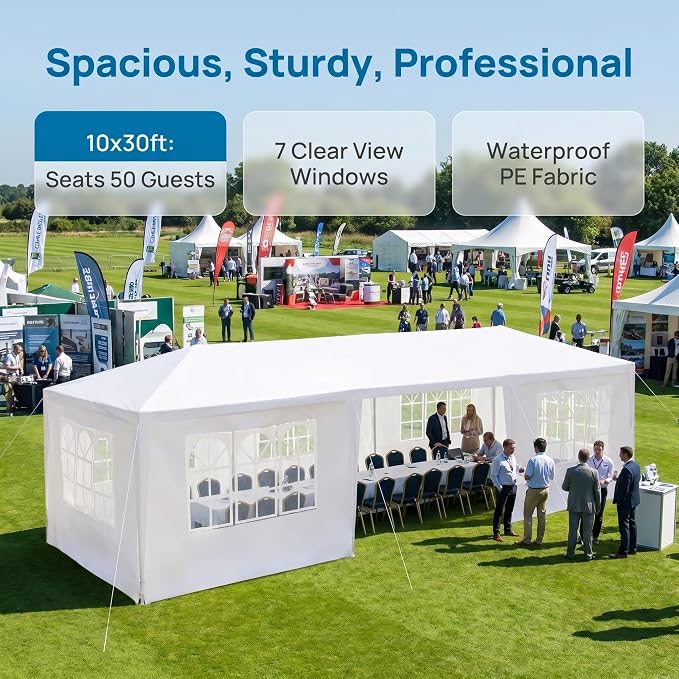 10x30 Canopy Tent for Parties, Heavy Duty Waterproof Outdoor Tent with 7 Detachable Sidewalls & Window Panels, Large Event, Wedding & Backyard Shelter, Commercial & Personal Use, White