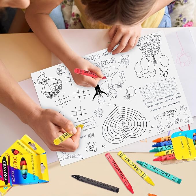 25 Set Wedding Games for Reception Wedding Coloring Placemats with Crayons 15.7 x 11 Inch Coloring Wedding Place Mats for Wedding Games Favors Entertainment Party Supplies