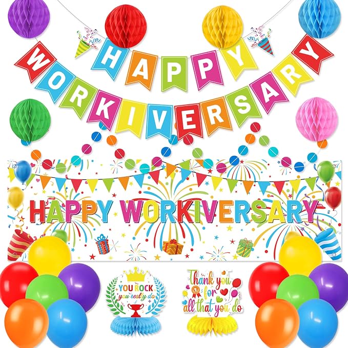 Holkcog Happy Workiversary Decorations for Coworker, Colorful Happy Workiversary Banner Honeycomb Ornament and Balls、Colorful Balloons Decor Set for Work Anniversary Employee Office Party Supplies