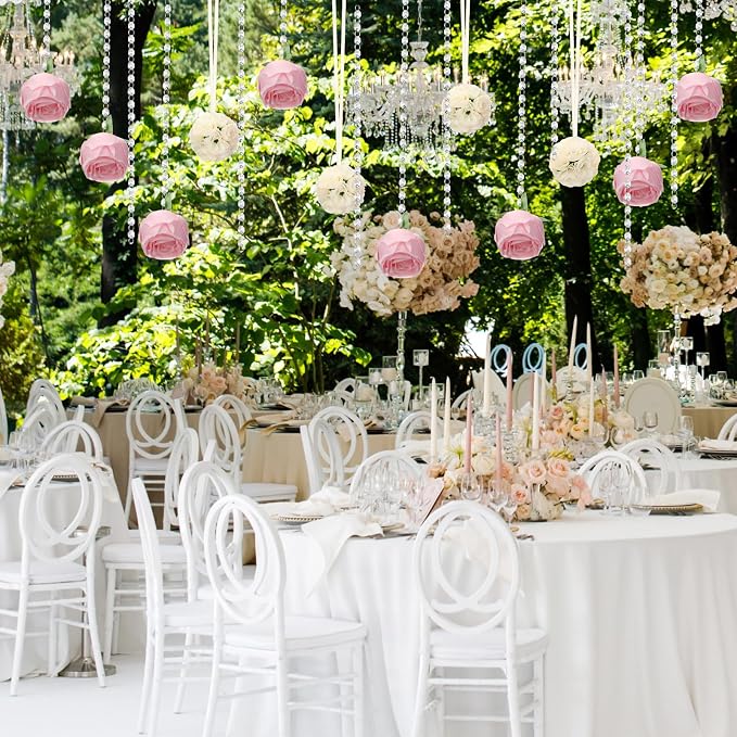 19 Pack Wedding Hanging Centerpiece Set Acrylic Crystal Garland Flower Kissing Balls Artificial Rose Crystal Gems Bead Garland Strands and Thread for Wedding Engagement Party Tree Decorations