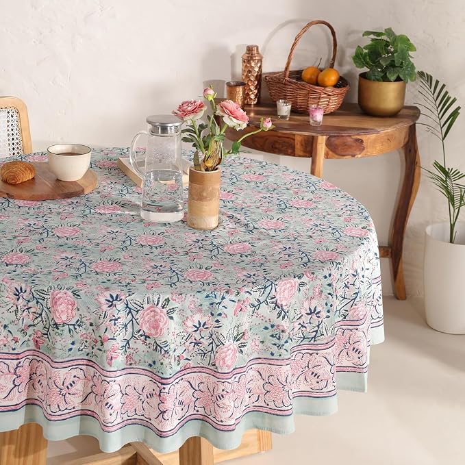 Hand Block Printed Tablecloth – Colorful Floral Print | 100% Cotton | Indian Artisan Handmade Art | Dining Room, Kitchen, Outdoor Décor, (Mint Green, 108 Inches Round)