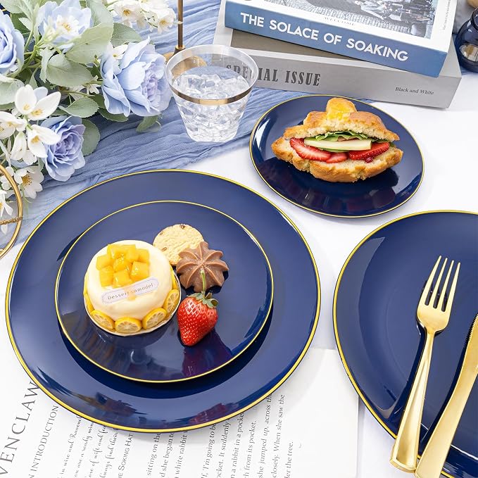 WDF 150pcs Blue plastic Plates - Navy Blue Plates Disposable 25guest Disposable Dinnerware Sets for Party/Wedding/Birthday