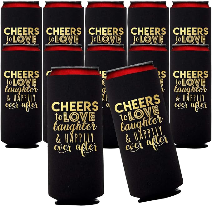 Wedding Can Cooler Decorations Set of 12 - Cheers to Love Laughter and Happily Ever After, Wedding Rehearsal Dinner Decorations - Bridal Showers, Engagement Party Favors for Guests and Supplies