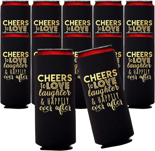 Wedding Can Cooler Decorations Set of 12 - Cheers to Love Laughter and Happily Ever After, Wedding Rehearsal Dinner Decorations - Bridal Showers, Engagement Party Favors for Guests and Supplies
