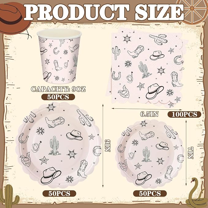 Domensi 250 Pcs Western Cowboy Party Decorations Cowboy Paper Plates Napkins and Cups Serve 50 Wild West Disposable Tableware Set for Rodeo Birthday Baby Shower Party Supplies Decoration
