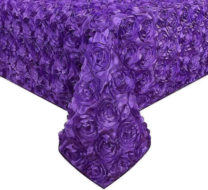 B-COOL Purple Rosette Tablecloth 60x102 Inch Satin 3D Floralr Romantic Party Table Fabeic for Wedding Bridal Shower Birthday Rectangle Table Decoration