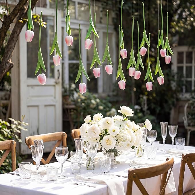 12 Pack Light Pink 5 ft Artificial Tulips Hanging Flower Garland Decorations Spring Summer Dangling Faux Tulip Floral Vine Strings with Hooks for Wall Ceiling Wedding Tea Party
