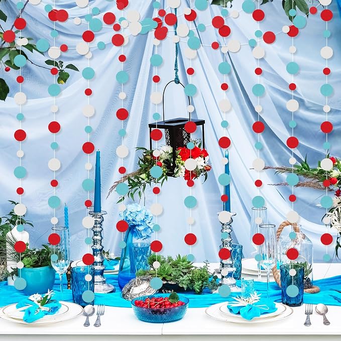 Outus 5 Pieces Colorful Circle Garland Banner Hanging Paper Dot Decorations for Classroom, Birthday Party, Baby Shower, Wedding Backdrop & Photo Booth Graduation Decor (Light Blue,White,Red)