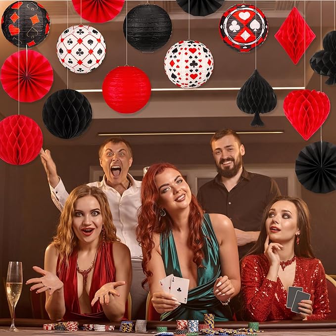 Baquler 18 Pcs Casino Party Decoration 3D Poker Hanging Paper Lantern Red and Black Fans Honeycomb Ball for Las Vegas Game Casino Night Birthday Party Ceiling Decor Supplies